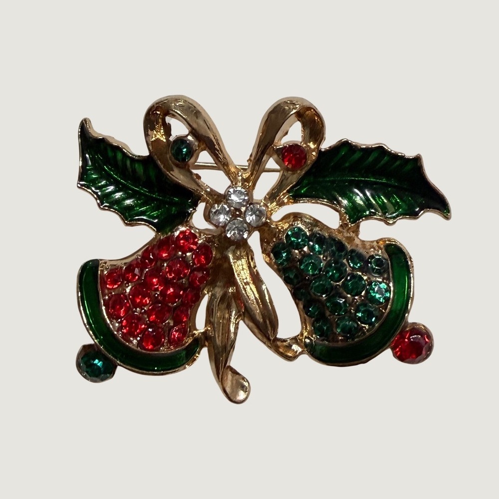 Christmas Bells Brooch Pin - Red & Green Rhinestone Holiday Jewelry